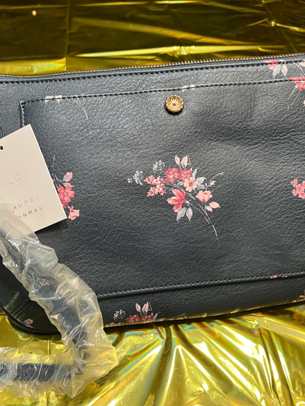 LC Lauren Conrad Navy Blue Crossbody Bag with Pink Floral Print
